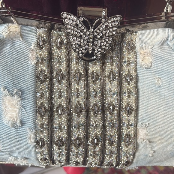 Distressed Denim shoulder bag Crossbody bag clutch rhinestone butterfly clasp - Picture 4 of 17